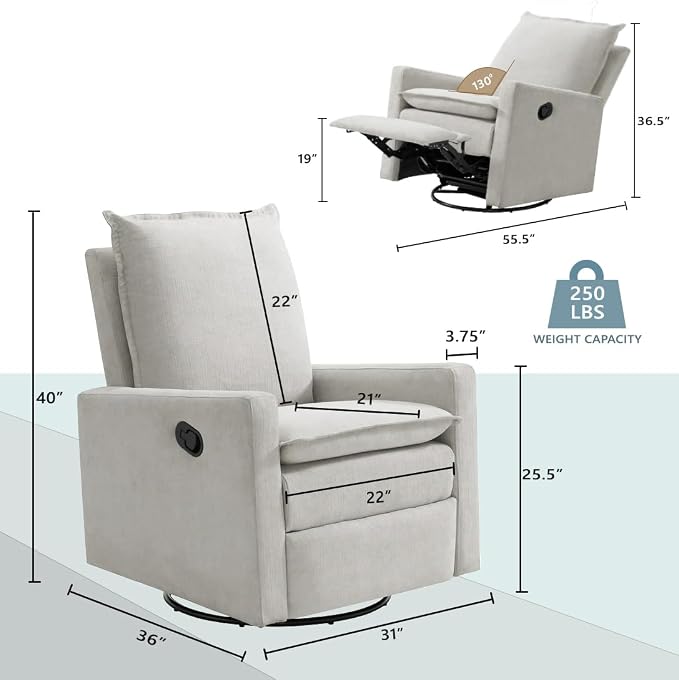 Oxford Baby Uptown Upholstered Glider Recliner Rocking Chair 360° Swivel - Image 3