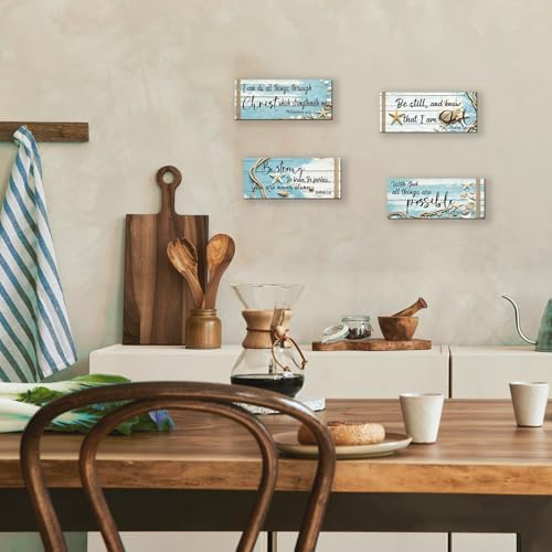 4 Pieces Ocean Wall Decor Beach Bathroom Decor With Bible Verses Wooden Christian Farmhouse Sign for Home Religious Prayer Wall Art for Living Room Office Bedroom Bathroom(Ocean,10x4") - Image 6