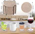 OIAHOMY 10 Pcs Drink Coasters with Holder, Boho Cotton Woven Coaster Set, Absorbent Coaster Protection for Various Cups, Ideal for Coffee Tables Home Decor and Gift, 4.3 Inches, Brown - Image 2