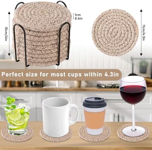 OIAHOMY 10 Pcs Drink Coasters with Holder, Boho Cotton Woven Coaster Set, Absorbent Coaster Protection for Various Cups, Ideal for Coffee Tables Home Decor and Gift, 4.3 Inches, Brown - Image 2