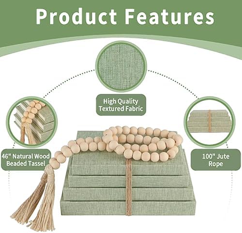 Linen Decorative Books for Home with Wood Beaded Tassel, 4-Piece Sage Set - Image 6