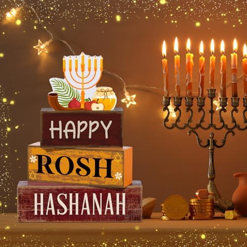 Yuntau 4 Pcs Rosh Hashanah Table Decor Wood Sign Jewish Tiered Tray Decor - Image 6