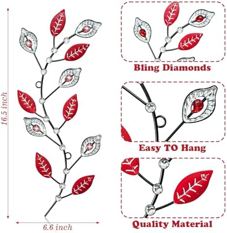 sxnzequnze 2 Set Metal Tree Leaf Wall Art for Home Decor Living Room Bedroom Dining Room Bling Rhinestone, 3D, Iron Branch Hanging Leaf Sculpture Art Pieces -Red 16.5in*6.7in - Image 5