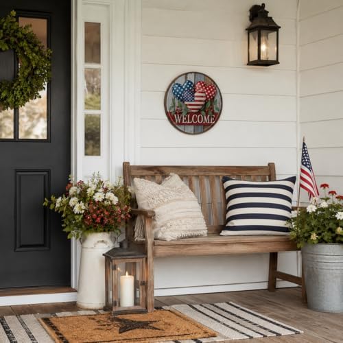 Welcome American Flag Metal Sign 8x8in Round Patriotic Plaque for Porch Wall Decor National Pride Gift - Image 4