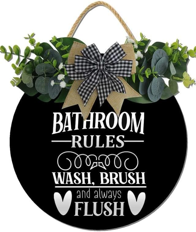 Farmhouse Bathroom Decor,Bathroom Rules Sign,Rustic Round Wooden Wreath Sign,Funny Bathroom Decor Wall Art For All The Seasons by Hilonret