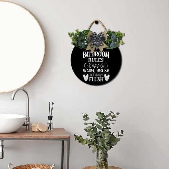 Farmhouse Bathroom Decor,Bathroom Rules Sign,Rustic Round Wooden Wreath Sign,Funny Bathroom Decor Wall Art For All The Seasons - Image 4