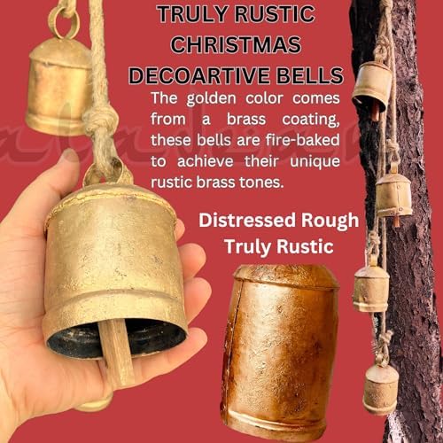 Giant Decorative Cow Bells Set of 3 Huge Christmas Bells for Decoration - XL Vintage Harmony Cowbells Rustic on Jute Rope Hanging Gold Tibetan Lucky Charm (6"-8"-10") - Image 4