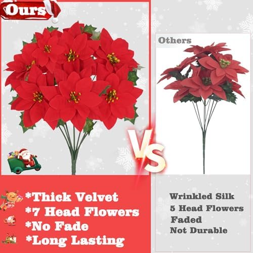 16 Pack Poinsettia Flowers Artificial Christmas Decorations, Red Poinsettia Flowers for Christmas Tree, Velvet Poinsettias Artificial Flowers for Xmas Decor DIY for Home Vase Indoor Outdoor Garden - Image 4