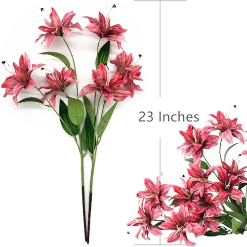 Artifical Lily Flowers Full Bloom Silk Flower Long Stems 4 Pack, Fake Stargazer Lilies Bundles Faux Tiger Lily Floral Plant for Wedding Bouquet Home Hotel Office Vase Arrangement Party Decor - Pink - Image 5