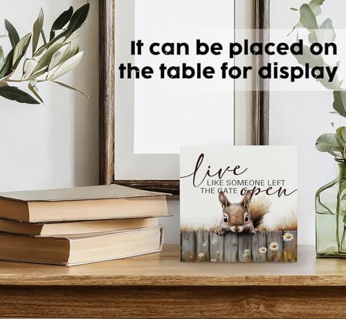 Squirrel Sign - Squirrel Gifts For Women, Live Like Someone Left The Gate Open Wooden Box Signs, Farmhouse Wood Decoration Home Decor For Desk Table Shelf 5x5 Inch - Image 3