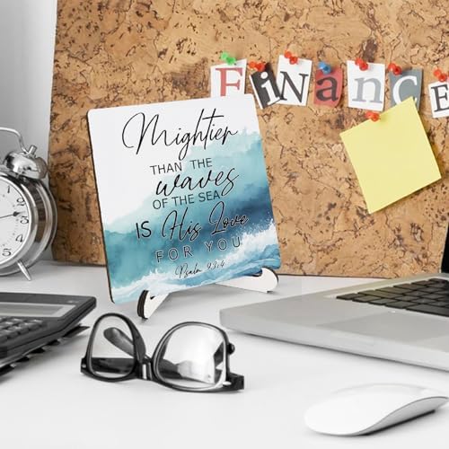 Christian Sign Wooden Decor 5"X5", Psalm 93:4 Wooden Desk Table Sign for Home Shelf Restroom Living Room, Religious Bible Verse Desk Table Gifts for Friends Woman Man (5x5 Inch) - Image 3
