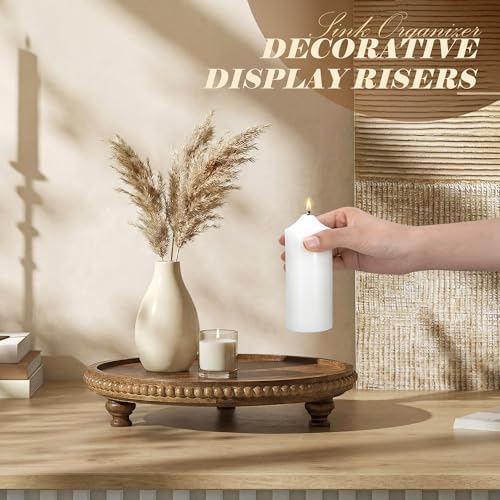 EOSAHR Beaded Acacia Wood Round Display Riser for Boho Kitchen Decor, Brown - Image 3