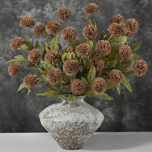 Waipfaru 6 Pcs Artificial Pompon Mums Faux Flowers for Vase, 27" Bulk Long Floral Fake Chrysanth Branches with Stems Vase Filler for DIY Bouquet Centerpieces, Indoor Home Decorations, No vase, Brown by Waipfaru