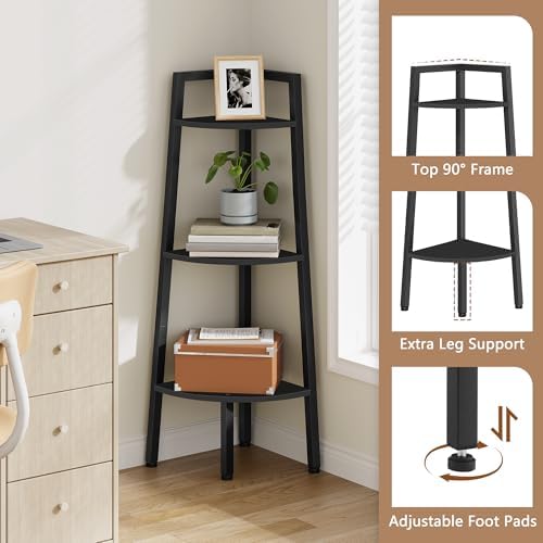 Hoctieon Corner Shelf, 3-Tier 40" Tall Corner Bookshelf, Rustic Ladder Shelf, Industrial Display Stand for Living Room, Kitchen, Home Office, Balcony, Small Space, Metal Frame, Black - Image 4