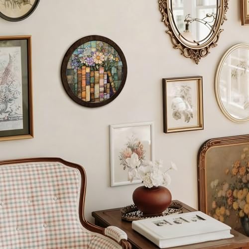 CFFJLHN Vintage Floral Book Wall Art Decor, Book Lovers Gifts, Light Academia Flower Bookish Round Hanging Wall Decor for Reading Corner Nook Room Home Library Bedroom, 10x10 Inch - Image 4