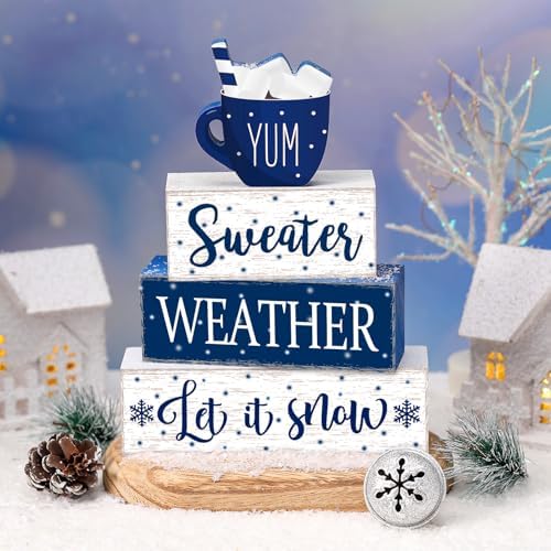 Marsui 4 Pcs Blue Winter Table Decorations Wooden Winter Tiered Tray Decor - Image 2