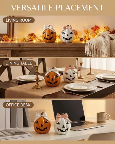 GoGnome Halloween Decor Spooky Cute Fall Pumpkin with Bow Tabletop for Shelf Mantel Tiered Tray Home Office Party Decorations (Orange & White) - Image 5