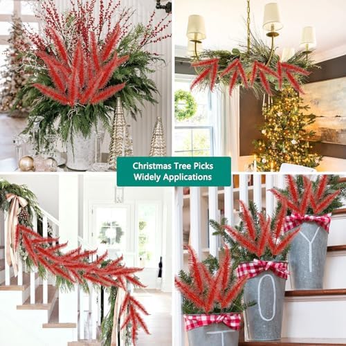 Oairse 8 Pcs Christmas Tree Picks and Sprays Red Glitter Christmas Picks 28" Christmas Glitter Feathers Leaves Stems for Christmas Tree Filler Branches Wreaths Centerpieces Holiday Decorations - Image 6