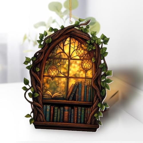 Gothic Window Book Ornament – Stained Glass Style Acrylic Christmas Ornament with Books & Ivy, Fantasy Home Décor, Book Lover Gifts for Women, Teacher & Librarian Holiday Decoration(Sun-19) - Image 2