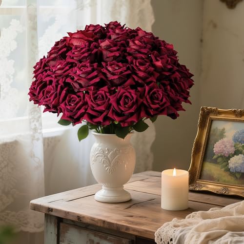 Ttranewsoo 36PCS Bulk Burgundy Artificial Flowers, Black Red Fake Roses with Stems for Fall Wedding Centerpieces, Autumn Events, Thanksgiving & Table Decor, 16.5 Inch - Image 3