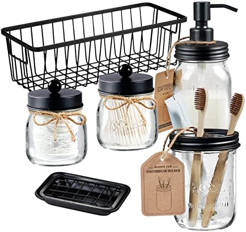 SheeChung Mason Jar Bathroom Accessories Set,6Pcs Rustic Bathroom Set,Black by SheeChung
