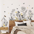 Black Yellow Flower Wall Decals, 3 Sheets Sketch Garden Floral Wall Stickers Simple Line Wildflower Grass Butterflies Art Decor Bedroom Bathroom Hallway Sofa Gifts for Mom(11.8x35.4 in/Sheet) - Image 6