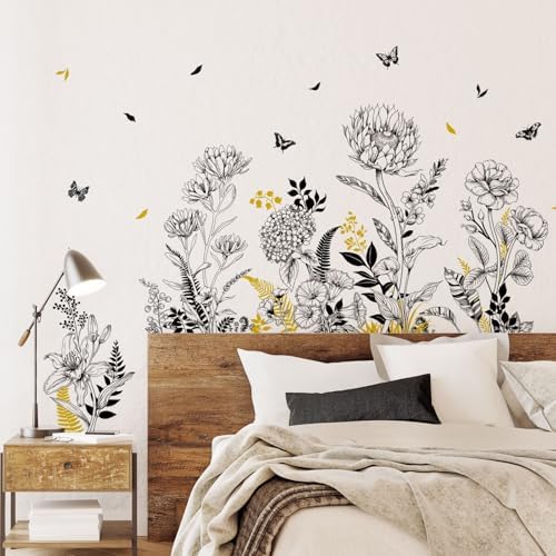 Black Yellow Flower Wall Decals, 3 Sheets Sketch Garden Floral Wall Stickers Simple Line Wildflower Grass Butterflies Art Decor Bedroom Bathroom Hallway Sofa Gifts for Mom(11.8x35.4 in/Sheet) - Image 6