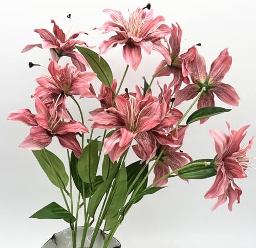 Artificial Lily Flowers, Vintage Silk Flower Long Stems Stargazer Lilies Full Bloom Lily Faux Plant Tiger Bouquets for Home Decor Indoor Hotel Wedding Party Fake Floral Arrangement - Coral Pink 4 Pack - Image 6
