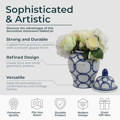 Decorative Jar with Lid Hand-Painted Pattern Ceramic Stoneware Traditional Style Home Living Room Office Decor Accent Piece - 10" Blue & White - Image 5