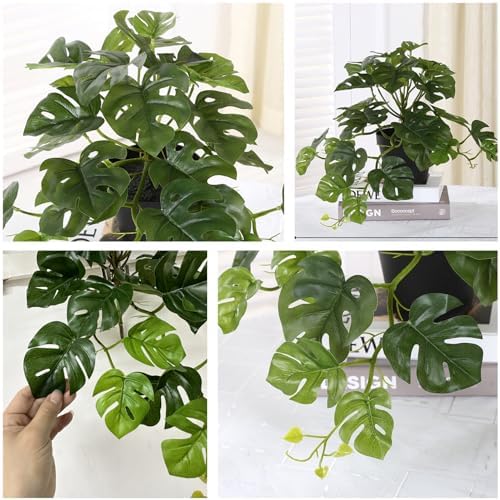 Artificial Monstera Plants, Fake Tropical Palm Small Potted Faux Hanging Greenery Mini Plants for Indoor Outdoor Home Office Garden Houseplants Pot Decor Wedding Party DIY Decoration - Green 2 Pack - Image 4