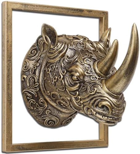 JJALIGHTS Exquisite Resin Animal Head Wall Sculpture (Gift Metal Frame) - Imitation Copper Vintage Decor for Living Room, Bedroom & Office | Decorative Wall Hanging Art (Rhinoceros) by JJALIGHTS