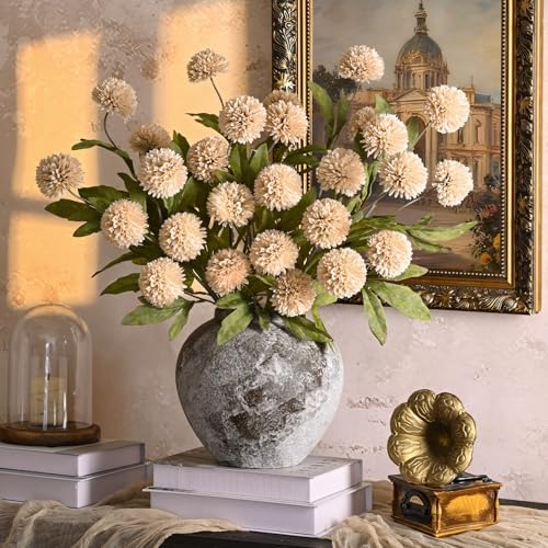 Waipfaru 12 Pcs Artificial Pompon Mums Faux Flowers for Vase, 27" Bulk Long Floral Fake Chrysanth Branches with Stems Vase Filler for DIY Bouquet Centerpieces, Indoor Home Decorations, No vase, Beige - Image 2