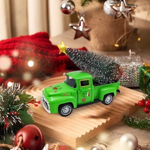 Green Christmas Decorations Vintage Metal Truck with Mini Christmas Tree - Image 2