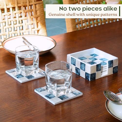 CHI AN HOME 4" Capiz Checkered Square Coasters Set 6 with Holder, Navy Blue - Image 5