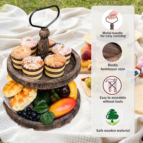 Mustry Rustic Wooden 2-Tier Tray Stand for Farmhouse Kitchen & Home Decor - Image 4