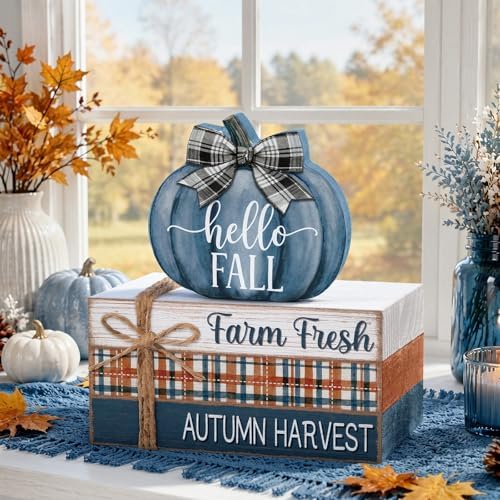 Geelin 4 Pcs Blue and White Pumpkin Fall Decor, Vintage Fall Table Decor with Wooden Book Stack and Plaid Accents, Farmhouse Decorations for Tiered Tray Shelf Coffee Bar - Image 5
