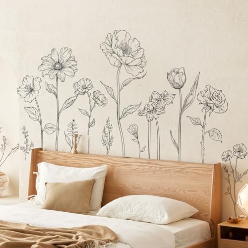 Large Black Boho Flower Wall Decals, 3 Sheets Simple Sketch Floral Wall Stickers Peony Wildflower Peel Stick Wall Art Decor Bedroom Home Room Office Garden Hall Adult Gifts for Mom(11.8x35.4 in/Sheet) - Image 4