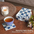 CHI AN HOME 4" Capiz Checkered Square Coasters Set 6 with Holder, Navy Blue - Image 2