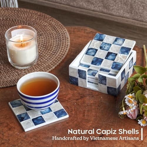 CHI AN HOME 4" Capiz Checkered Square Coasters Set 6 with Holder, Navy Blue - Image 2