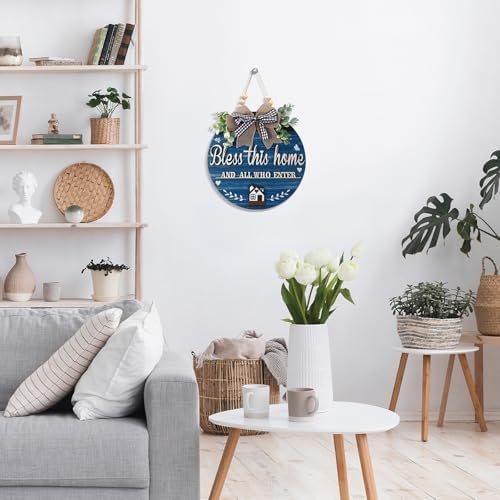 3D Bless This Home and All Who Enter Wooden Front Door Signs，Door Decorations Hanging,Christian Jesus Home Porch Wall Decor，Spring Wreaths，Door Wreaths for Front Door Outside All Season（Blue） - Image 3