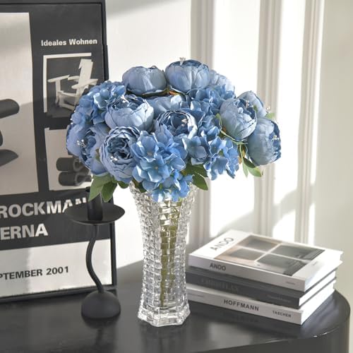 Artificial Peony Flowers 2 Bundles Peony Fake Flowers Faux Silk Peonies with Hydrangea Flower Bouquets for Wedding Home Party Decor Floral Arrangements Table Centerpieces, Dusty Blue X2 - Image 4