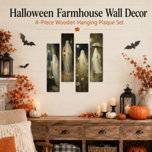 Vintage Halloween Sign, Ghost Decor Wall, 4 Pcs Halloween Hanging Signs - Image 6