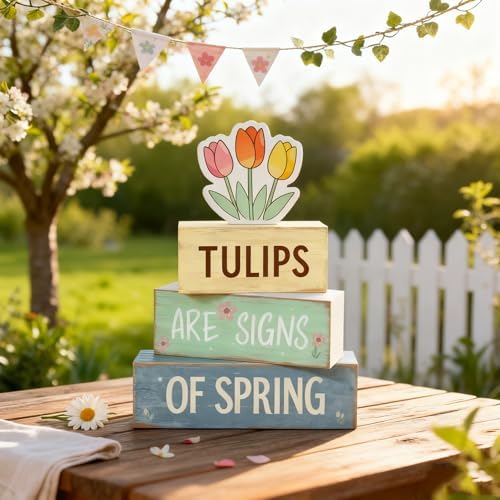 Spring Decoration Wooden Tiered Tray Decor – Tulips Spring Stacked Block Sign with Floral Accent – Farmhouse Tabletop Spring Decor for Shelf Mantel Seasonal Home Display - Image 6