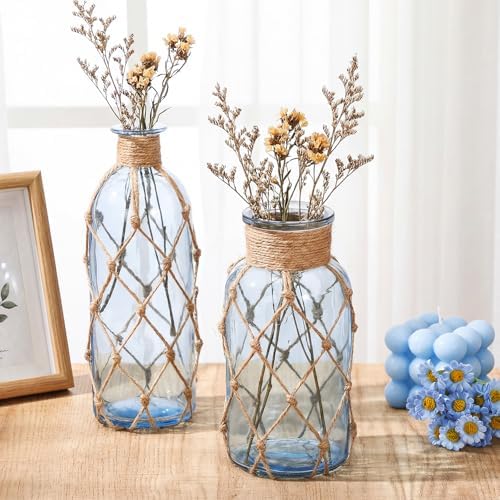 Chuangdi Set of 2 Coastal Glass Flower Vase with Boho Rope, Light Azure - Image 6