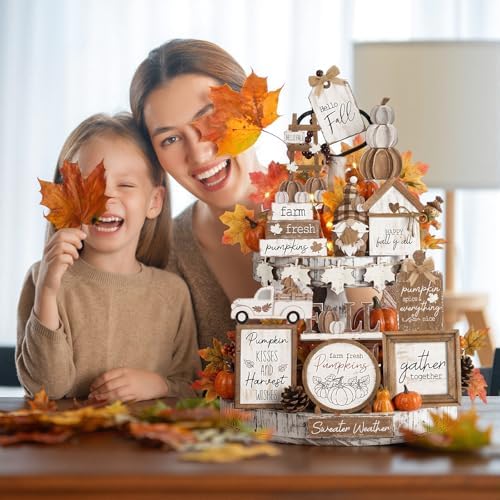 Maitys 21 Pcs Fall Tiered Tray Decor Set, Rustic Farmhouse Thanksgiving Whitewashed Wooden Signs Gnome Truck Pumpkin Wood Bead Garland Vintage Table Centerpieces Autumn Harvest Home Kitchen Decor - Image 2