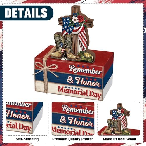 Geelin 4 Pcs Memorial Day Patriotic Table Decoration Wooden Book Stack Sign - Image 4