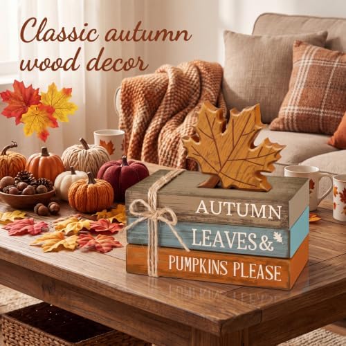 4 Pcs Fall Decorations for Home, Maple Leaf Book Stack Block Sign - Image 2