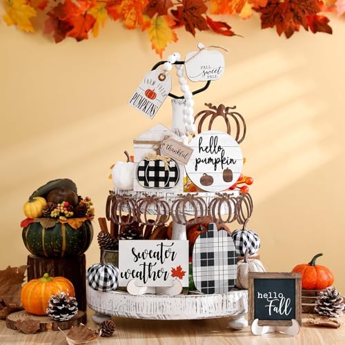 Reallnaive 18 Pcs Fall Tiered Tray Decor, Vintage Plaid Pumpkin Signs - Image 5