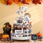 Reallnaive 18 Pcs Fall Tiered Tray Decor, Vintage Plaid Pumpkin Signs - Image 5
