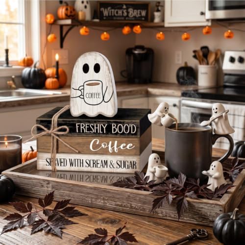 4 Pcs Halloween Table Decor Rustic Ghost Coffee Faux Books Stack - Image 3